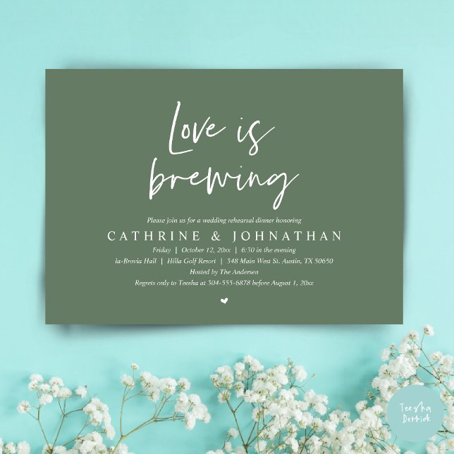 Love is brewing, Wedding Rehearsal Dinner Invitati Invitation (Love is Brewing, Wedding Rehearsal Invitation Card, pdf, Beer Wine Party, in Forest Sage Green)