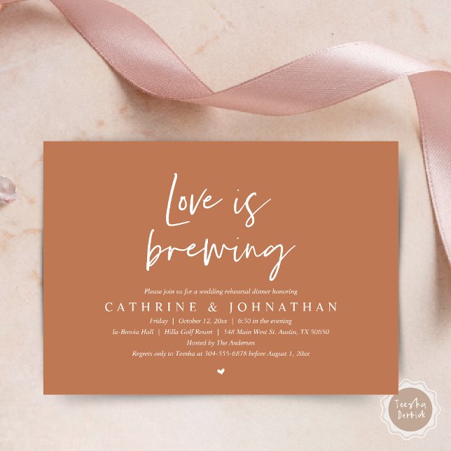 Love is brewing, Wedding Rehearsal Dinner Invitati Invitation (Love is Brewing, Wedding Rehearsal Invitation Card, pdf, Beer Wine Party, in Copper Brown)