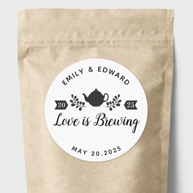 Love is Brewing Wedding Tea Favour Logo Classic Round Sticker (Creator Uploaded)