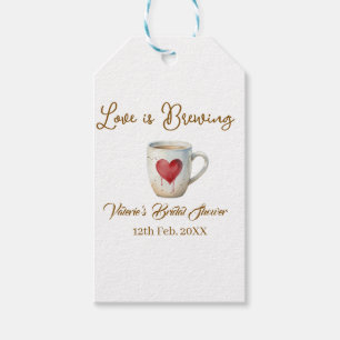 Love is Brewing white coffee mug heart bridal show Gift Tags