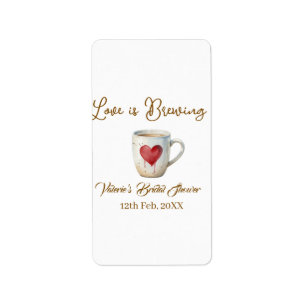Love is Brewing white coffee mug heart bridal show Label