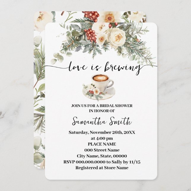 Love is Brewing Winter Bridal Shower Coffee Invitation (Front/Back)