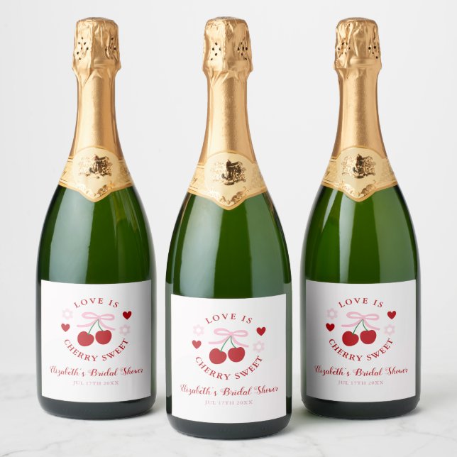 Love Is Cherry Sweet Bridal Shower Sparkling Wine Label (Bottles)