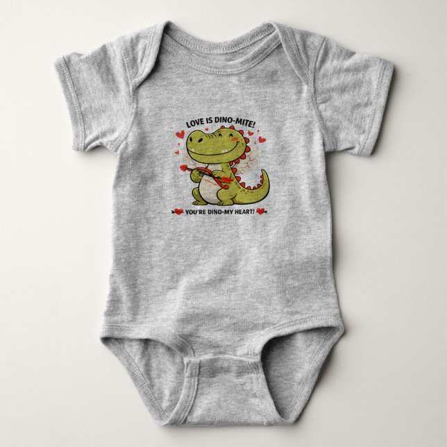 🦖💚 “Love Is Dino-Mite!” Baby Jersey Bodysuit (Front)