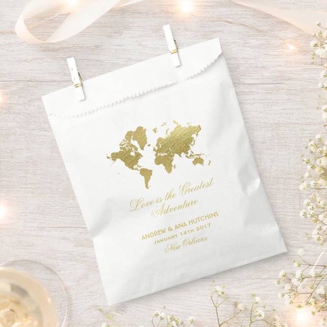 Love is Greatest Adventure Gold Map Wedding Favour Bag (Clipped)