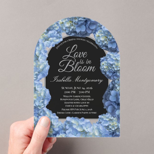 Love Is in Bloom Aesthetic Blue Hydrangea Acrylic Invitations (Insitu (Handheld))