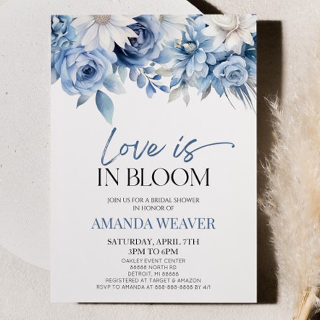 Love Is In Bloom Blue Floral Flower Bridal Shower Invitation (Creator Uploaded)