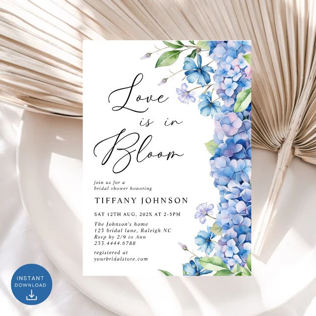 Love is in Bloom Blue Hydrangea Bridal Shower Invitation (Creator Uploaded)