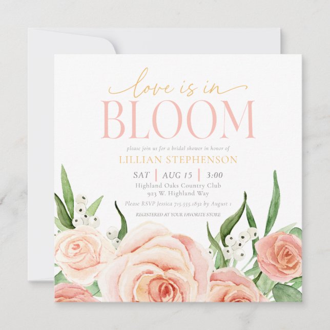 Love Is In Bloom Blush Pink Floral Bridal Shower Invitation (Front)