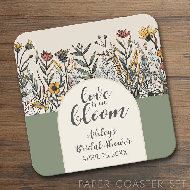 Love is in Bloom - Boho Flowers Bridal Shower Square Paper Coaster (Custom Coaster Set)
