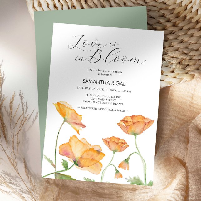 Love Is In Bloom Bridal Shower Orange Floral Invitation (Love is in bloom bridal shower watercolor orange poppy flowers by Victoria Grigaliunas DoTellABelle)