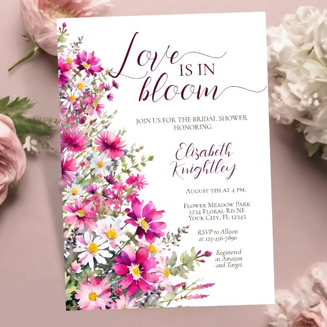 Love is in Bloom Bright Pink Flowers Bridal Shower Invitation (Creator Uploaded)