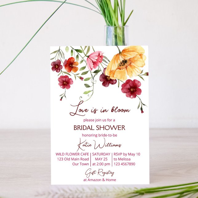 Love is in bloom burgundy flowers bridal shower  invitation (Creator Uploaded)
