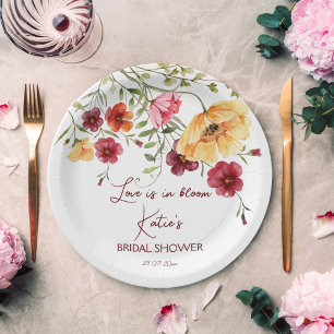 Love is in bloom burgundy flowers bridal shower paper plate