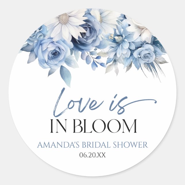 Love Is In Bloom Dusty Blue Floral Bridal Shower Classic Round Sticker (Front)