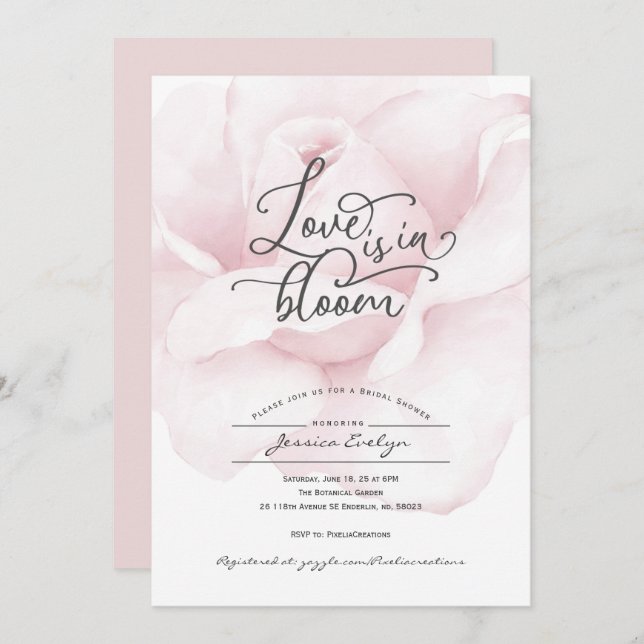 Love is in bloom, dusty pink rose, floral invitation (Front/Back)