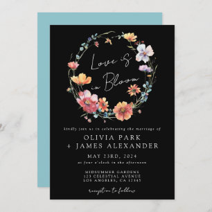 Love is in Bloom Floral Wreath Black Wedding Invitation
