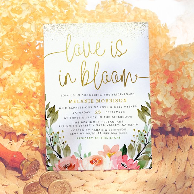 Love Is In Bloom | Gold Blush Floral Bridal Shower Invitation (Creator Uploaded)