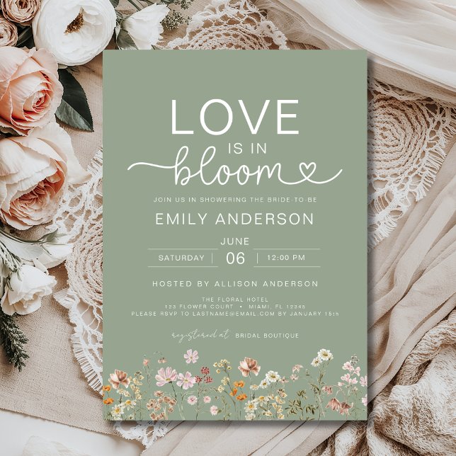 Love is in Bloom Green Wildflower Bridal Shower Invitation (Creator Uploaded)