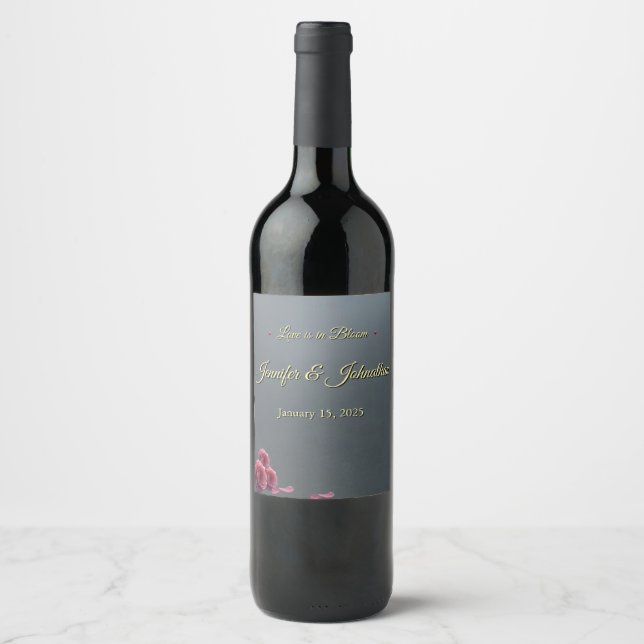 Love is in Bloom Grey Pik Roses Personalised Wine Label (Front)