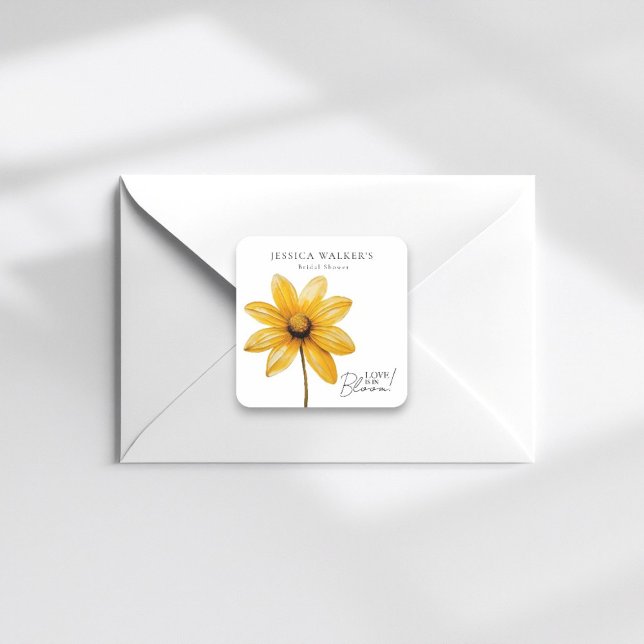 Love is in bloom minimal floral bridal shower  square sticker (fun vibrant yellow flower personalized bridal shower  sicker with the word love is in bloom )
