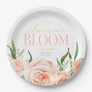 Love Is In Bloom Pink Rose Flowers Bridal Shower Paper Plate