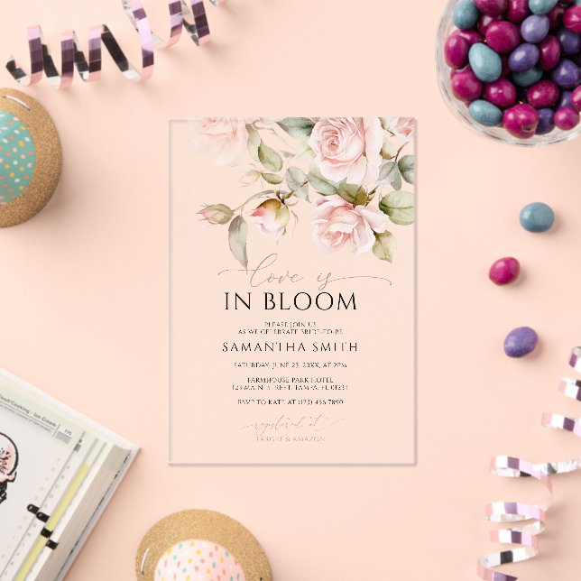 Love is in Bloom Pink Rose & Green Bridal Shower Acrylic Invitations (Insitu (Celebration))