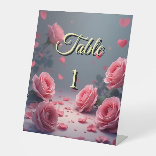 Love is in Bloom Pink Roses Wedding Elegant Pedestal Sign (Front)