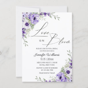 love is in bloom, purple floral bridal shower   invitation