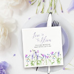 Love is in Bloom Purple Wildflower Bridal Shower Napkin<br><div class="desc">Love is in Bloom Wildflower bridal shower napkins to personalise. Delicate and feminine botanical design is hand lettered with "love is in bloom" in elegant script calligraphy. It has a pretty border of watercolor wild flowers in shades of lilac, lavender, purple, pink and blue. A dainty modern floral with girly,...</div>