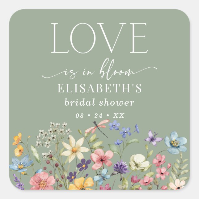 Love Is In Bloom Sage Green Bridal Shower Square Sticker (Front)