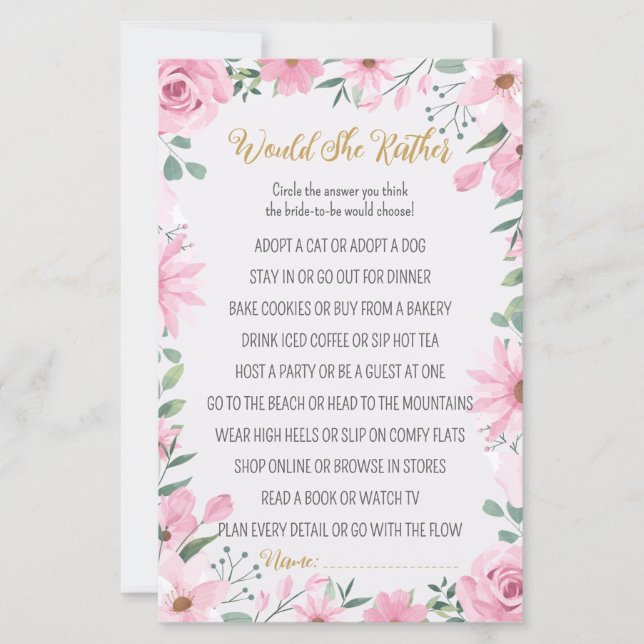 Love is in Bloom Shower Would She Rather Game (Front)