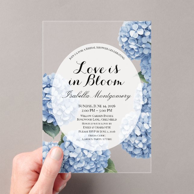 Love Is in Bloom Spring Hydrangea Bridal Shower Acrylic Invitations (Insitu (Handheld))