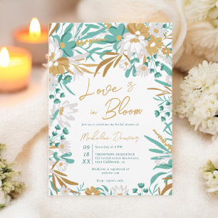 Love is in bloom Teal Gold Floral Bridal Shower Invitation