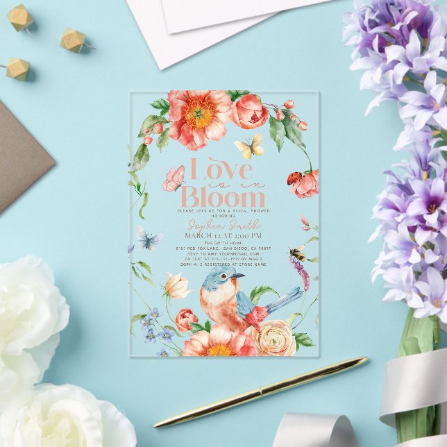Love is in Bloom Wildflower Bird Bridal Shower Acrylic Invitations (Insitu (Wedding))