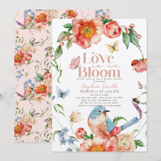 Love is in Bloom Wildflower Bird Bridal Shower Invitation (Front/Back)