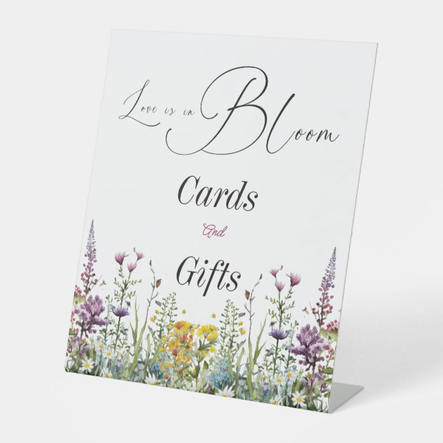 Love is in Bloom Wildflower Floral Bridal Shower Pedestal Sign (Front)