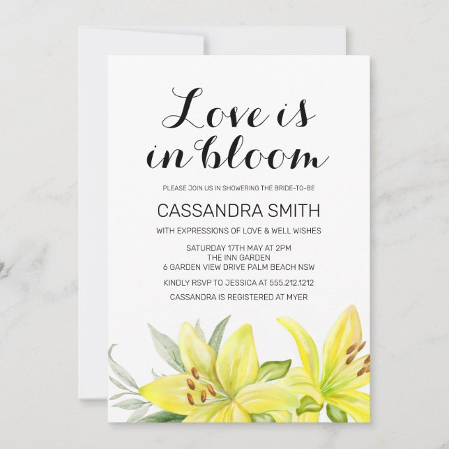 Love Is In Bloom Yellow Lily Floral Bridal Shower Invitation (Front)