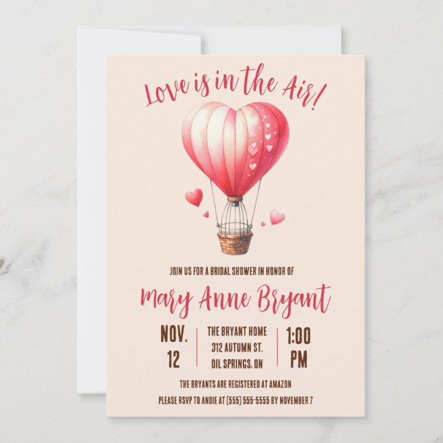 Love is in the Air, Hot Air Balloon Bridal Shower Invitation (Front)