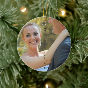 LOVE IS IN THE AIR, just married Ceramic Ornament