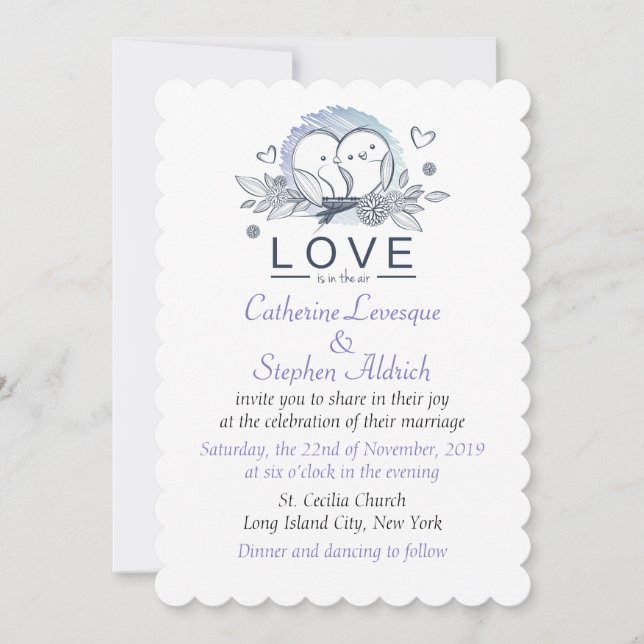 Love Is In The Air Lovebirds Purple, White Wedding Invitation (Front)