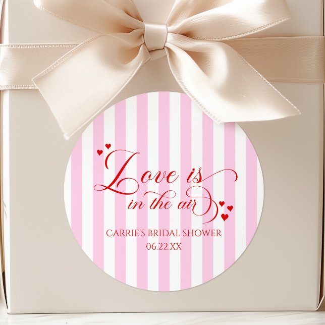Love Is In The Air Pink Red Hearts Bridal Shower Classic Round Sticker (Creator Uploaded)