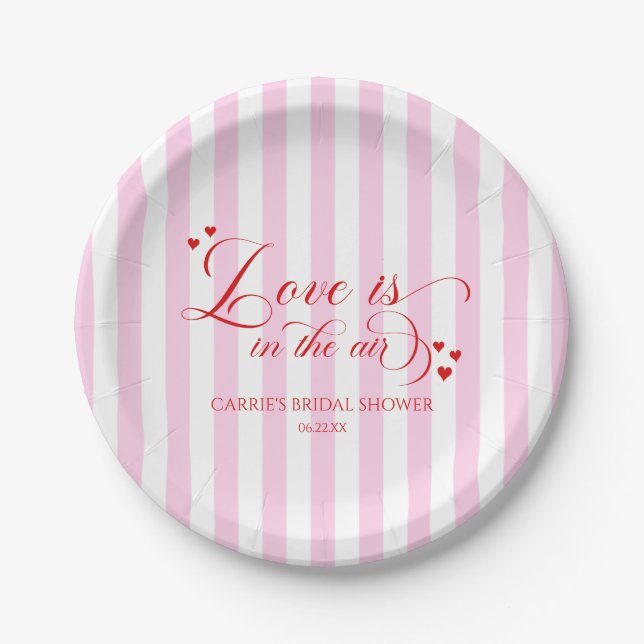 Love Is In The Air Pink Red Hearts Bridal Shower Paper Plate (Front)