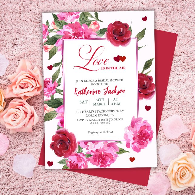 Love is in the air red and pink bridal shower  invitation (Creator Uploaded)