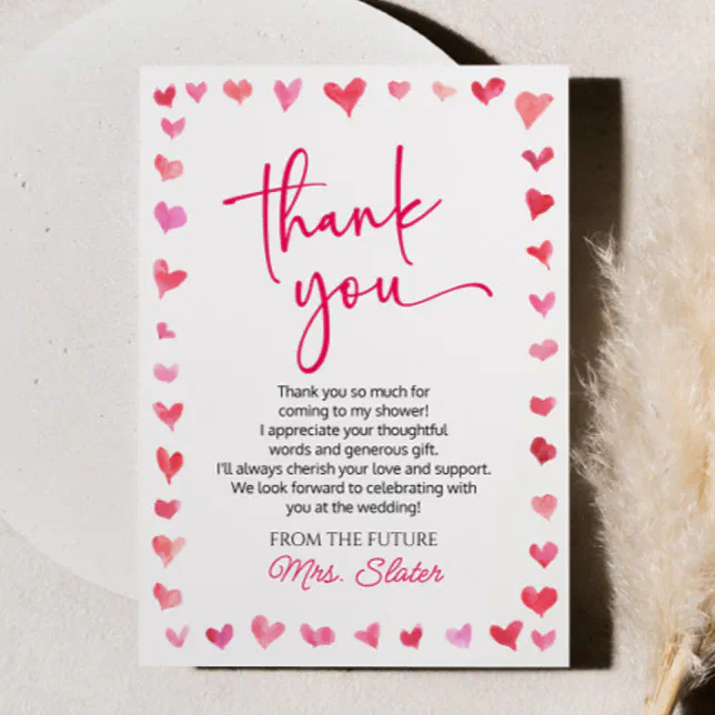 Love Is In The Air Red Pink Hearts Bridal Shower Thank You Card | Zazzle