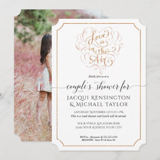 Love is in the Air Rose Gold Script Couples Photo Invitation
