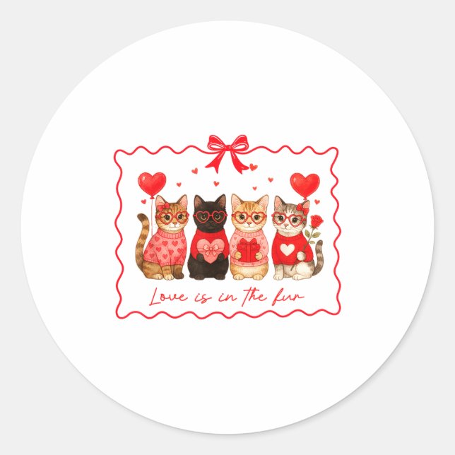 Love Is In The Fur Cat Lovers Valentines Cute Cats Classic Round Sticker (Front)