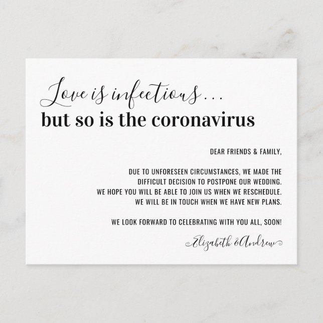 Love is Infectious Covid19 Wedding Postponement Announcement Postcard (Front)