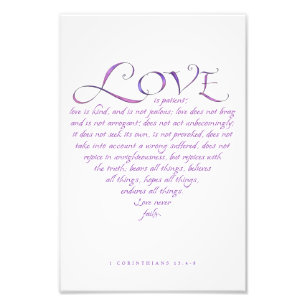 Love is Kind Quote Typography Blue/Purple Heart Photo Print