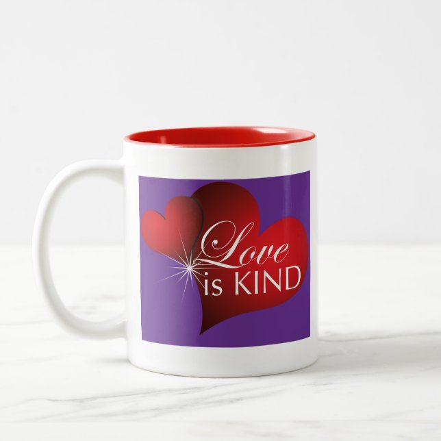 Love Is Kind Red Hearts Purple Two Tone Mug (Left)